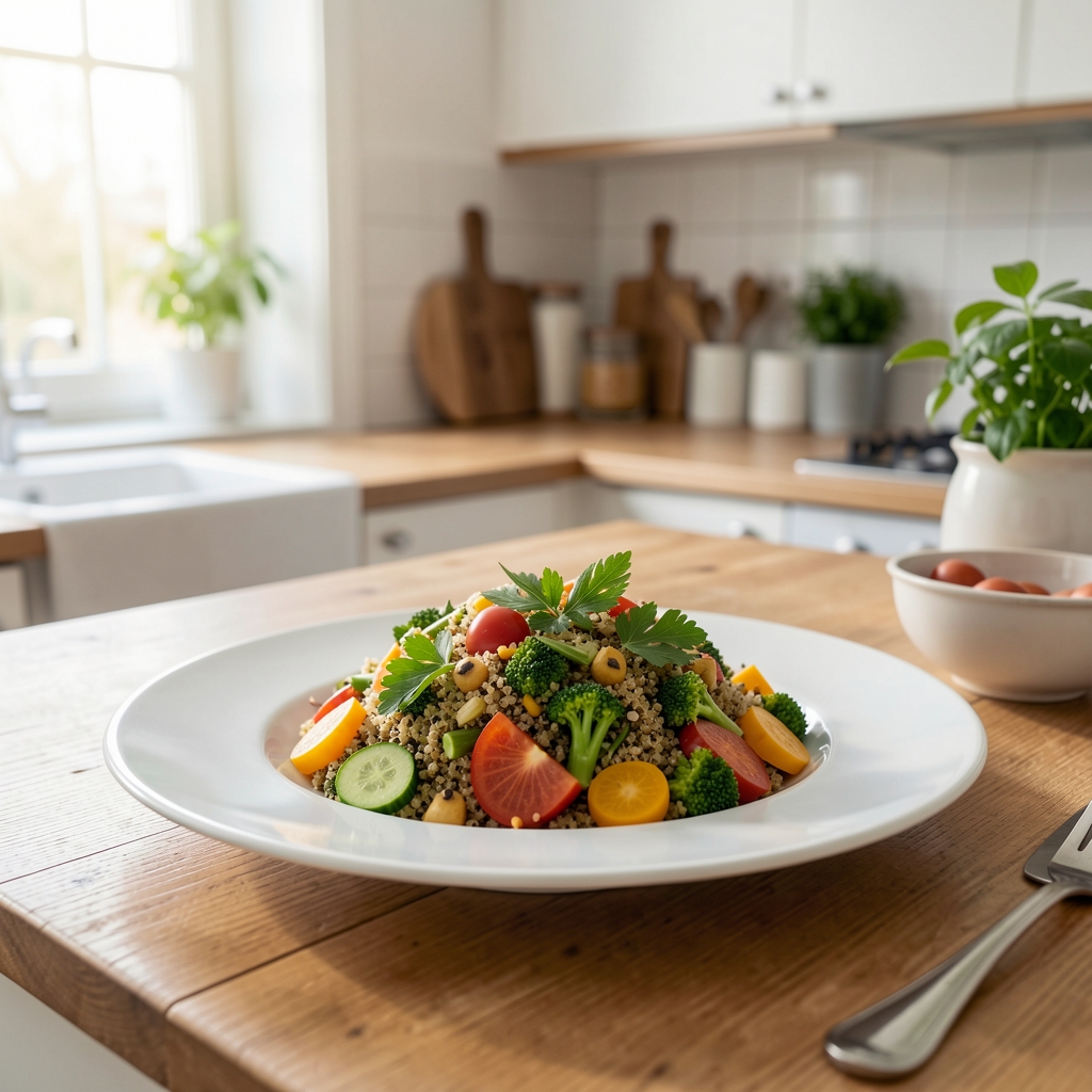 Ausgewogenes Mittagessen in einer hellen Zürcher Küche – Quinoa-Salat mit saisonalem Gemüse und Kräutern, auf weißem Keramikgeschirr