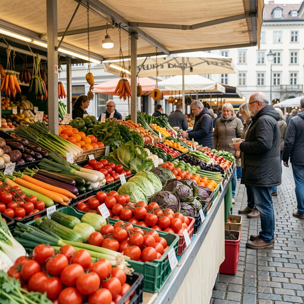 Frischer Wochenmarkt in Zürich – Händler mit bunten Gemüsesorten, Tomaten und Salat im Vordergrund, Marktbesucher im Hintergrund